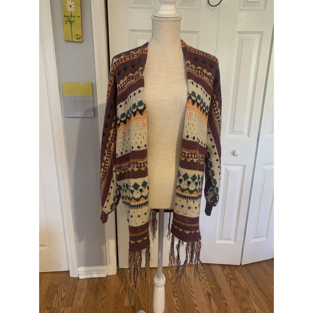 Knit Mix Tribal Pattern Fringe Women's Open Knit Cardigan Size Small
